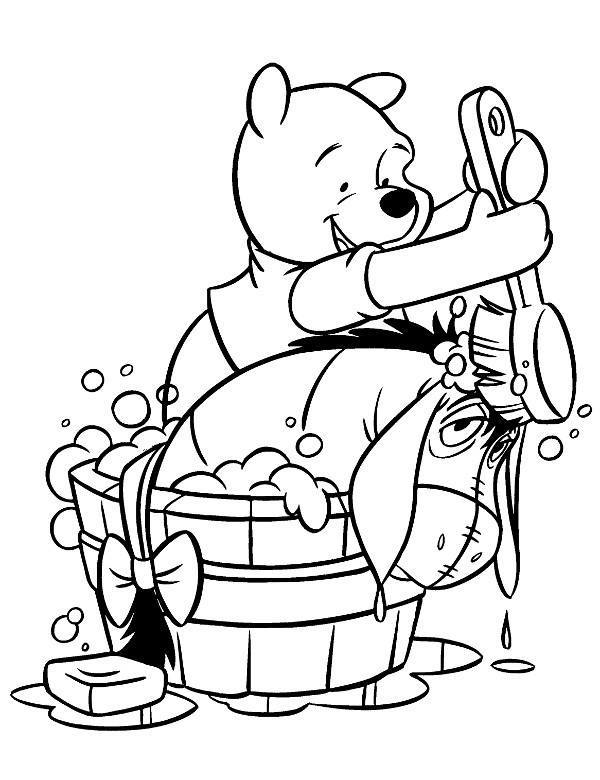 Online coloring book: Coloring page donkey Eeyore in the bath